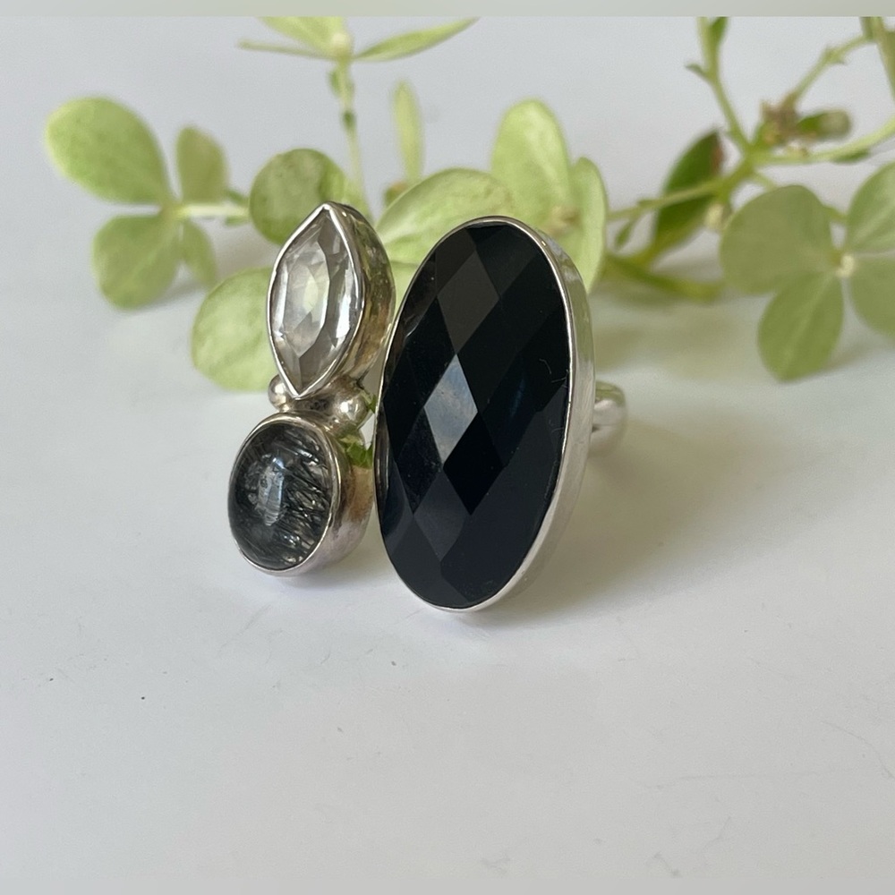 AAA+ natural Black Onyx Statement Ring in 925 Sterling Silver  (US Size 7 or 8)
